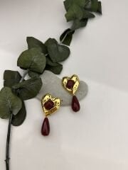 Bordo Sallantılı Kalp Model Küpe