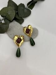 Sallantılı Yeşil Kalp Küpe