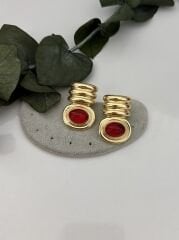 Gold Kırmızı Doğal Taşlı Küpe