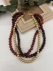 Üçlü Kahverengi Doğal Taşlı Kolye