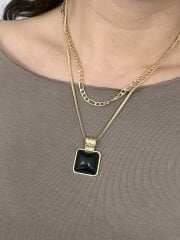 İkili Gold Siyah Taş Detay Kolye