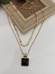 İkili Gold Siyah Taş Detay Kolye