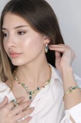 Doğal Swarovski Taşlı Kolye,Küpe, Yüzük ve Bileklik Set