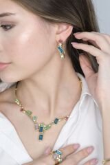 Doğal Swarovski Taşlı Kolye,Küpe, Yüzük ve Bileklik Set