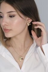 Ekru Renk Doğal Taşlı Kolye ve Küpe Set